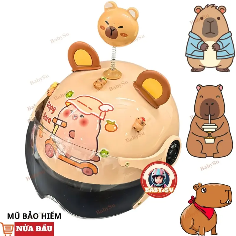 Mũ bảo hiểm cho bé hình Capybabra gắn kính kèm phụ kiện cute, nón bảo hiểm chính hãng Long Thanh - đạt chuẩn ATGT 7