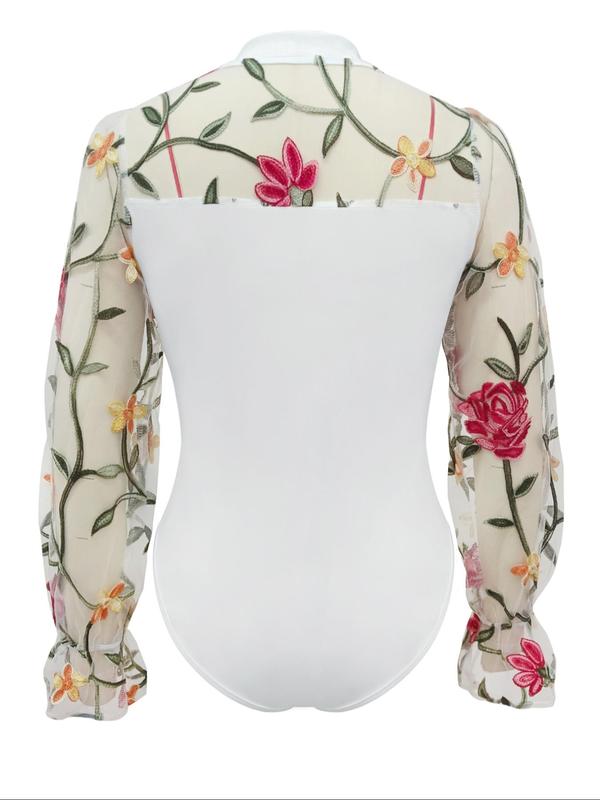 Women's Floral Embroidery Sheer Contrast Mesh Flounce Sleeve Bodysuit, Elegant Mock Neck Long Sleeve Bodycon One Piece Bodysuit For Vacation Holiday, Ladies Spring & Fall Clothes 7