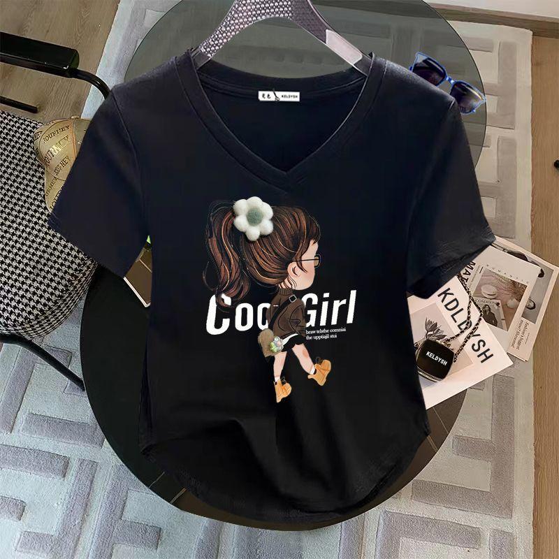 Áo Thun ngắn Tay Phong Cách Phương Tây Cổ Chữ V, Chất Liệu Cotton Nguyên Chất, Thích Hợp Cho Mùa Hè, Ngoại Cỡ Cho Bé Gái Đầy Đặn, Tay Lửng Áo Che Bụng Cong, Dành Cho Nữ, Giá Cả Phải Chăng: 100,00kg, Năm 2024 1