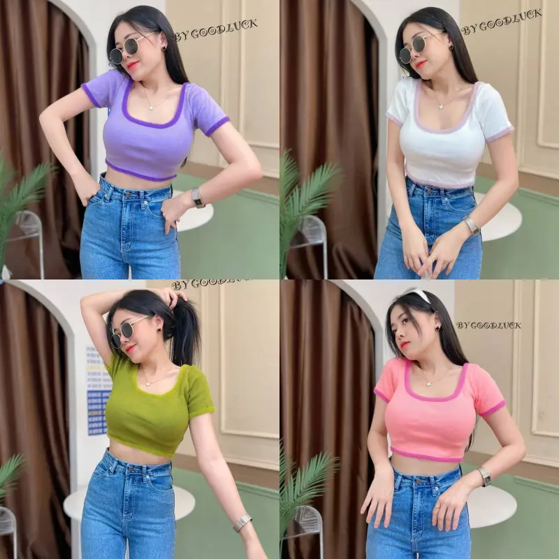 Sheare เสื้อครอปขนมิ้งขอบ Croptop ไหมพรม ฟูๆ น่ารักจนใจบางไปหมด ดีเทลขอบกุ้นสี  รุ่น ใบสน