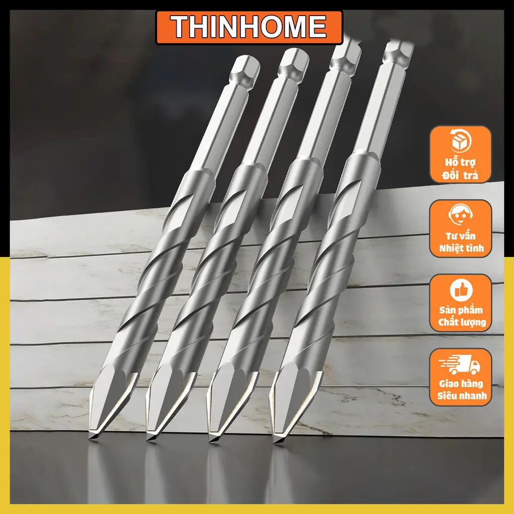 Bộ 4 Mũi Khoan Đa Năng Cao Cấp 6 8 10 12mm Đầu Lệch Tâm Chuôi Lục Giác Khoan Gạch Men ,Khoan Đá ,Khoan Bê Tông, Khoan Tường Gạch ThinHome