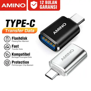 AMINO OTG Connector TYPE C TO USB 3.0 Adapter Converter Fast Data Transfer Hitam Silver Metal