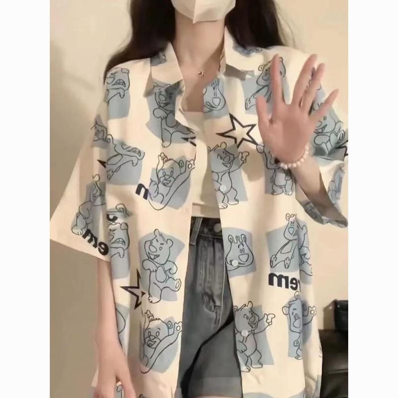 Áo Sơ Mi ngắn Tay Dáng Rộng Hình Gấu, Phong Cách Nhật Bản, Thiết Kế Đẹp, Áo Ngoại Cỡ Độc Đáo, Thích Hợp Cho Mùa Hè, Phong Cách Ins Muối, Hàng Mới Về 4
