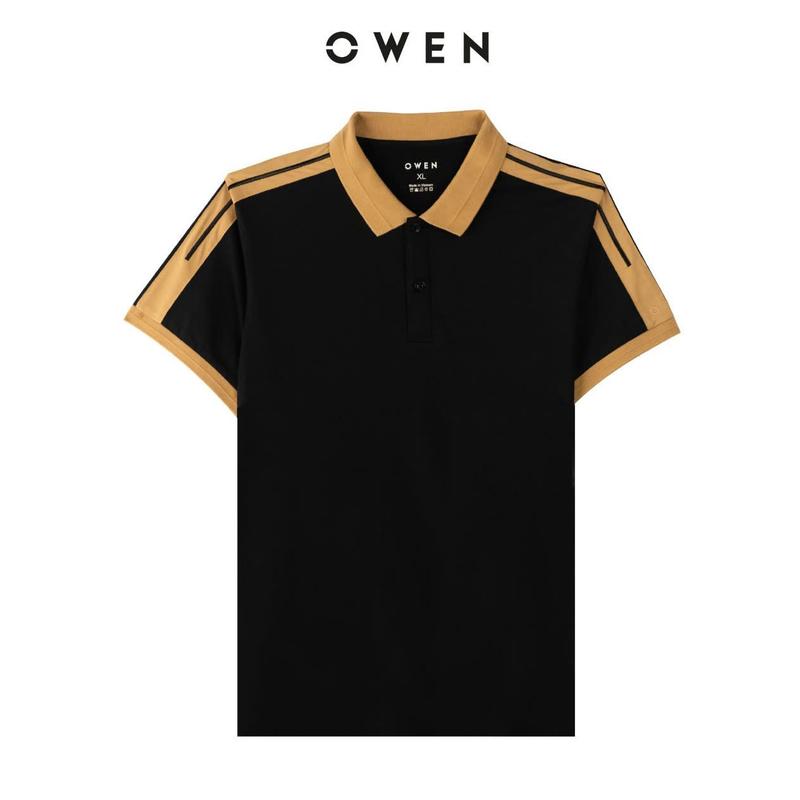 OWEN - Áo Polo Nam Owen Phối Kẻ Tay Màu Đen 231377 - Form Bodyfit