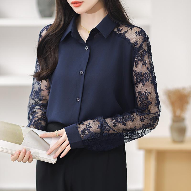 Product Introduction of Áo Cánh Voan Ren Ve Áo, Dòng Màu Xanh Dương, Dành Cho Nữ, Áo Cardigan Dài Tay, Ngoại Cỡ, Không Cần Ủi 8