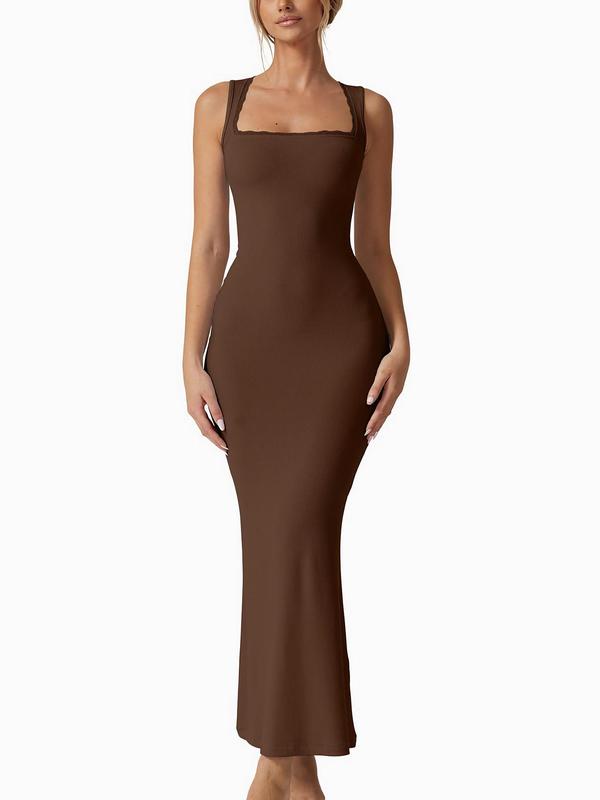 Women's Solid Contrast Lace Square Neck Party Dress, Elegant Sleeveless Long Dress for Party Banquet, Ladies Clothes for All Seasons 3