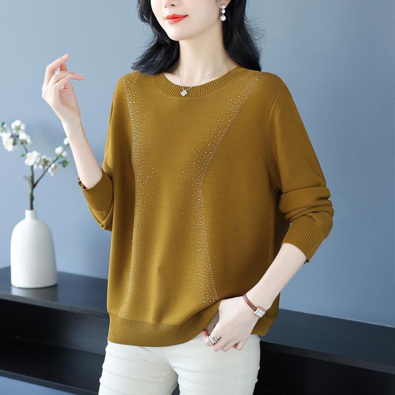 Product Introduction of Knatwear women's round neck rhinestone sweater new fashion mom loose Western style knits long sleeve thin top crop 7