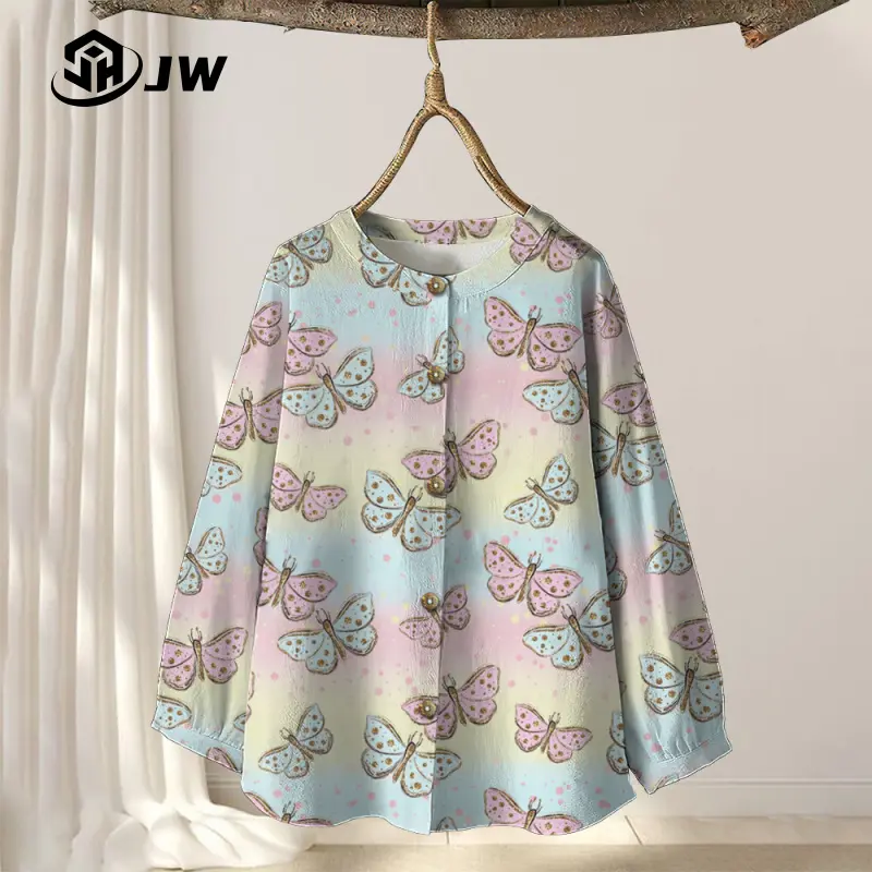 Women's colorful butterfly printed Muslim shirt, fashionable dreamy bubble sleeve elastic cuff shirt, comfortable and breathable Muslim sportswear