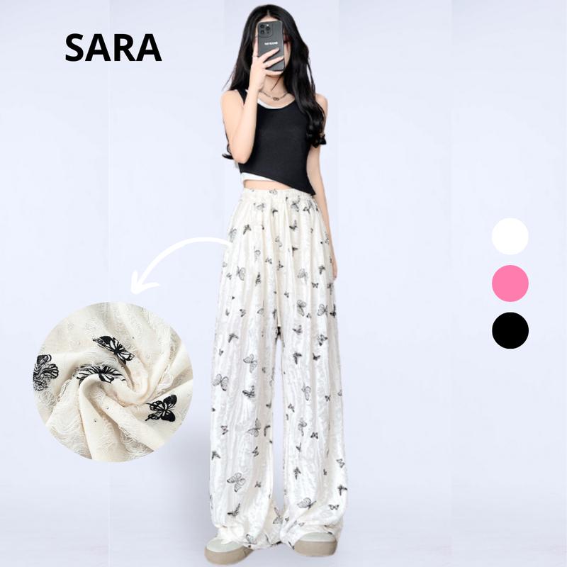 [SARA] Quần Dài Ống Suông Chất Liệu Cotton Rách Họa Tiết Con Bướm Đính Đá Lấp Lánh Nữ Women Ong Pants Summer 2025 Mã: TD079