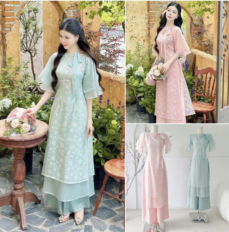  Sét áo dài nữ voan tơ hoa tà 2 lớp tay bèo cột nơ cổ kèm quần lụa kiểu dáng trẻ trung thanh lịch 