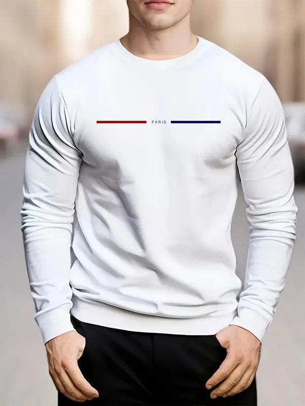 Men's Regular Fit Letter & Striped Print Round Neck Sweatshirt, Casual Long Sleeve Crew Neck Pullover for Daily Wear, Fashion Men's Top for All Seasons 3