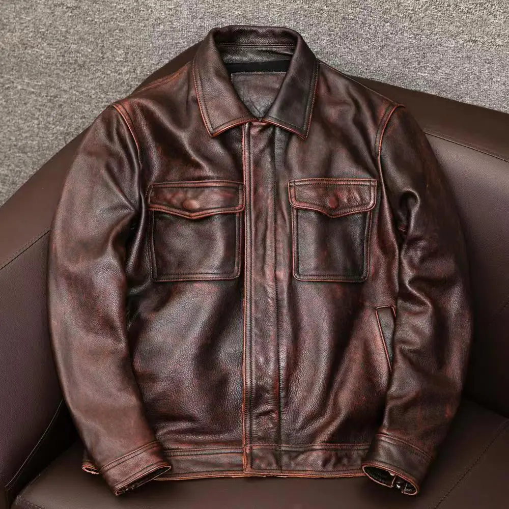 Youth Men's Leather Jacket Leather Coat Motorcycle Jacket Top Layer Leather Trendy Versatile Spring Autumn Vintage Leather Jacket Pedal