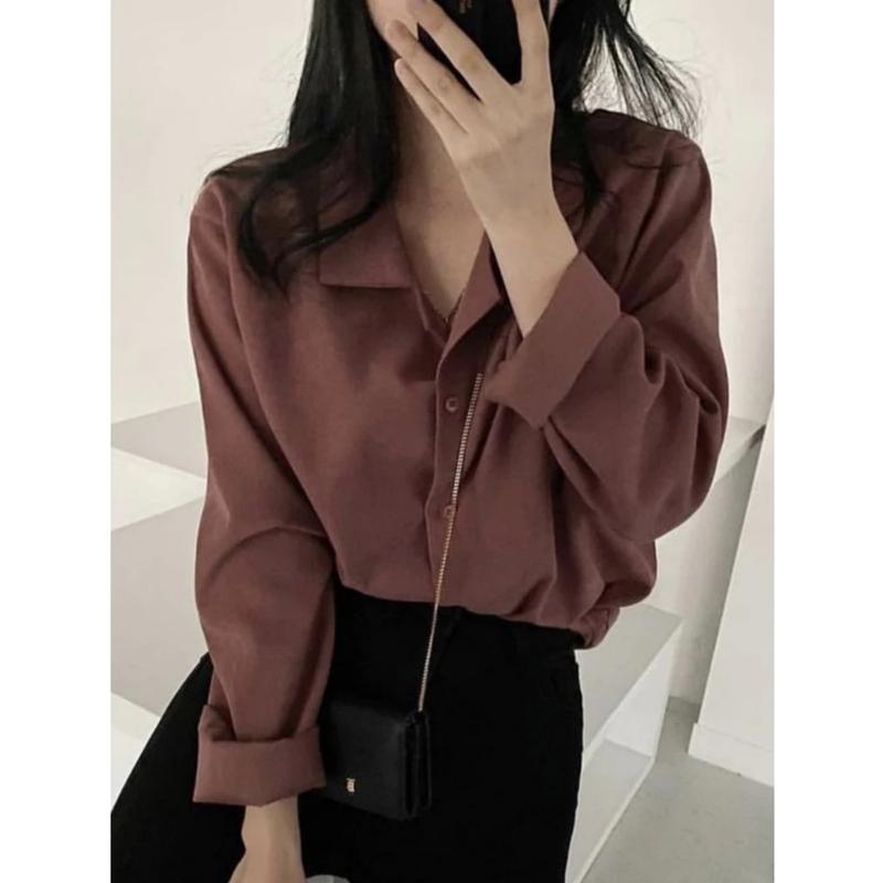 Product Introduction of Kemeja Wanita Polos Lengan Panjang Atasan Kancing Outfit Kasual Formal Bahan Mostcrepe Premium By AS Fashion 0