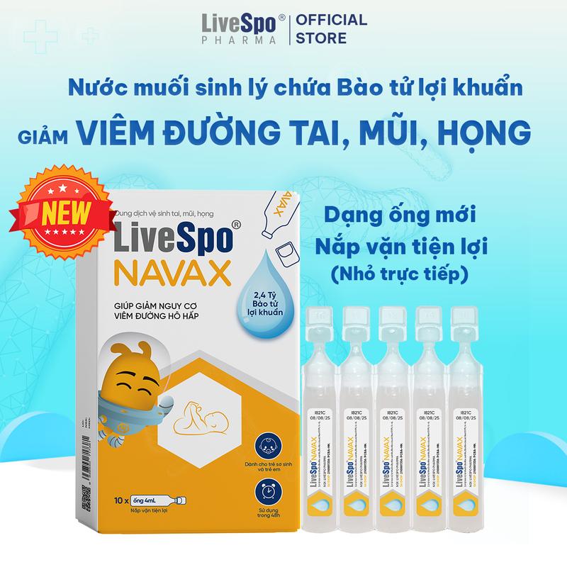 LiveSpo NAVAX cho trẻ em và sơ sinh - Nước muối sinh lý chứa 2,4 tỷ Bào tử lợi khuẩn, NHỎ HÀNG NGÀY giúp giảm nguy cơ viêm đường hô hấp (Hộp 10 ống x 4m)