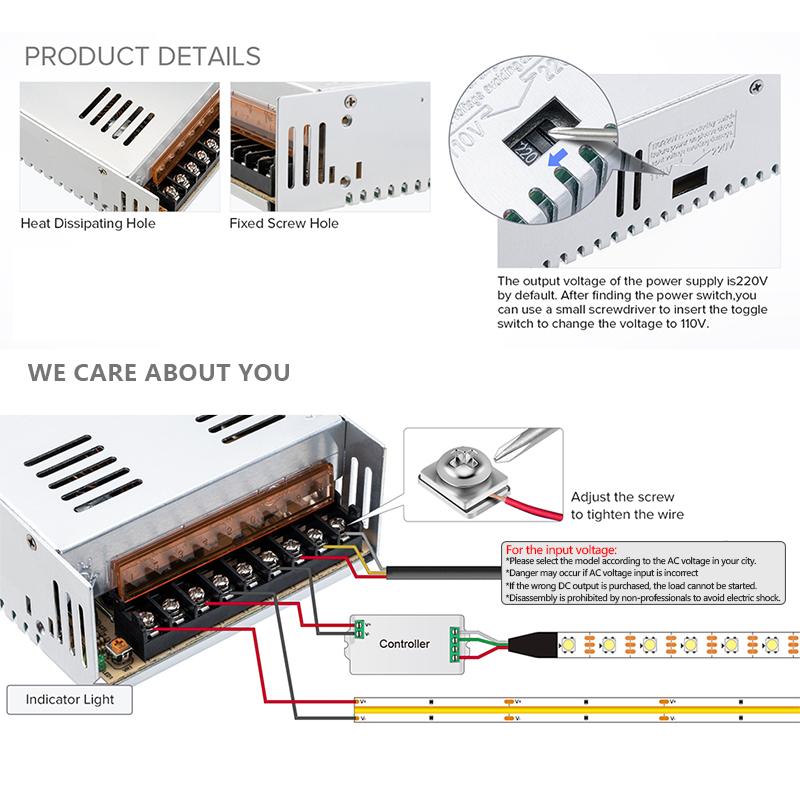 360Watts Switching power supply AC to DC12V 30A 40A DC24V 15A 20A LED 500W Transformer Constant Voltage Adapter for LED Strip Drivers, CCTV Power Supplies, Small Appliances, 3