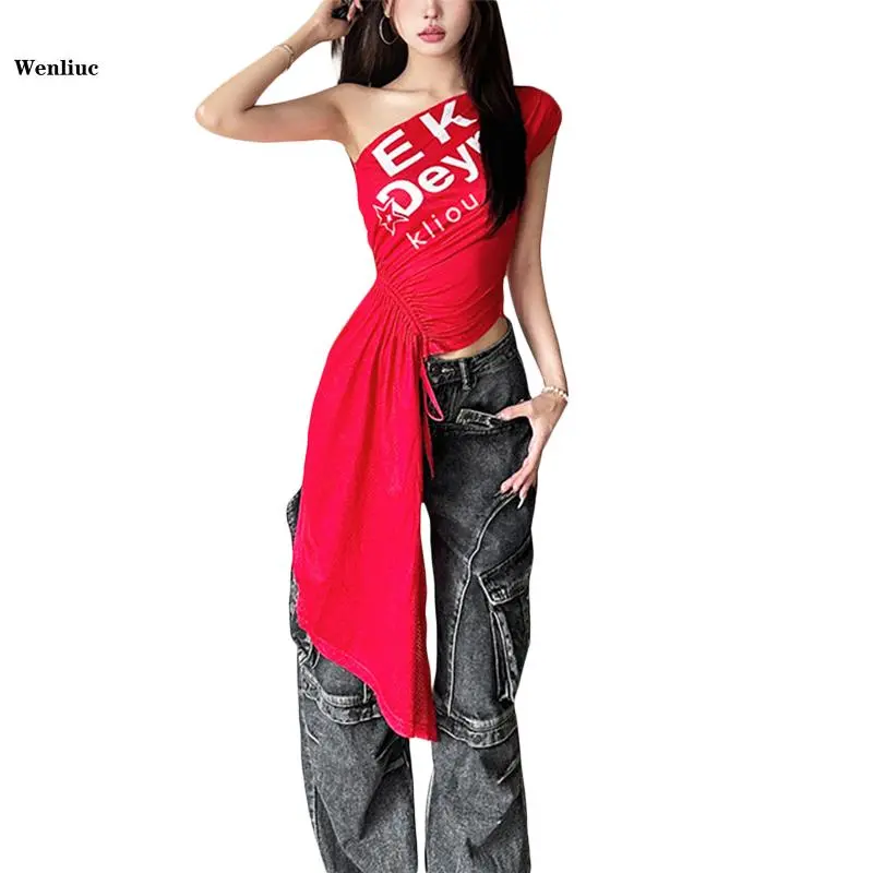 Áo Ba Lỗ Bất Đối Xứng, Dành Cho Nữ, Không Tay, In Chữ, Dây Rút, Áo Hở Eo Xếp Nếp, Dáng Ôm, Áo Sơ Mi Mùa Hè Women Top