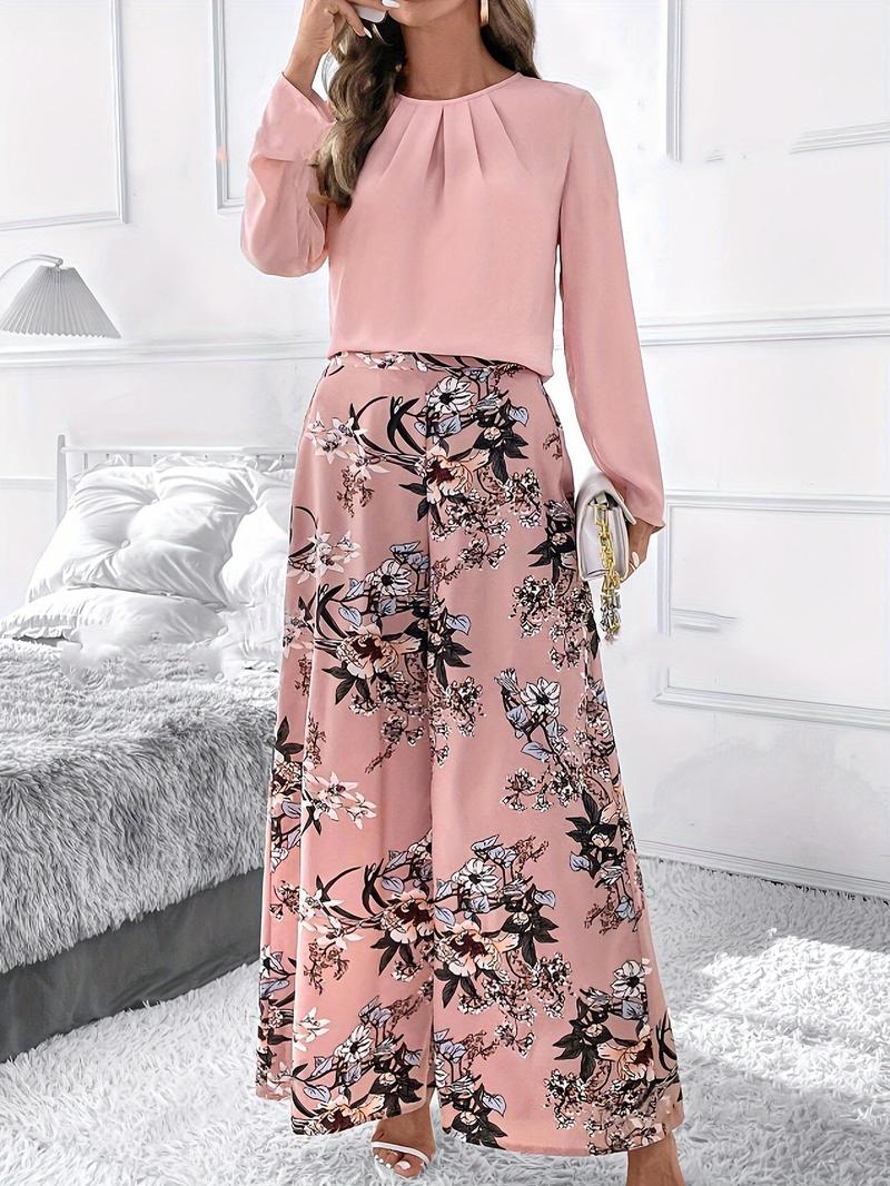 Product Introduction of Women's Solid Color Blouse & Floral Print Wide Leg Pants Two-Piece Set, Elegant Long Sleeve Top & Pants for Spring & Fall, Ladies Clothes for Daily Wear, Womenswear 4