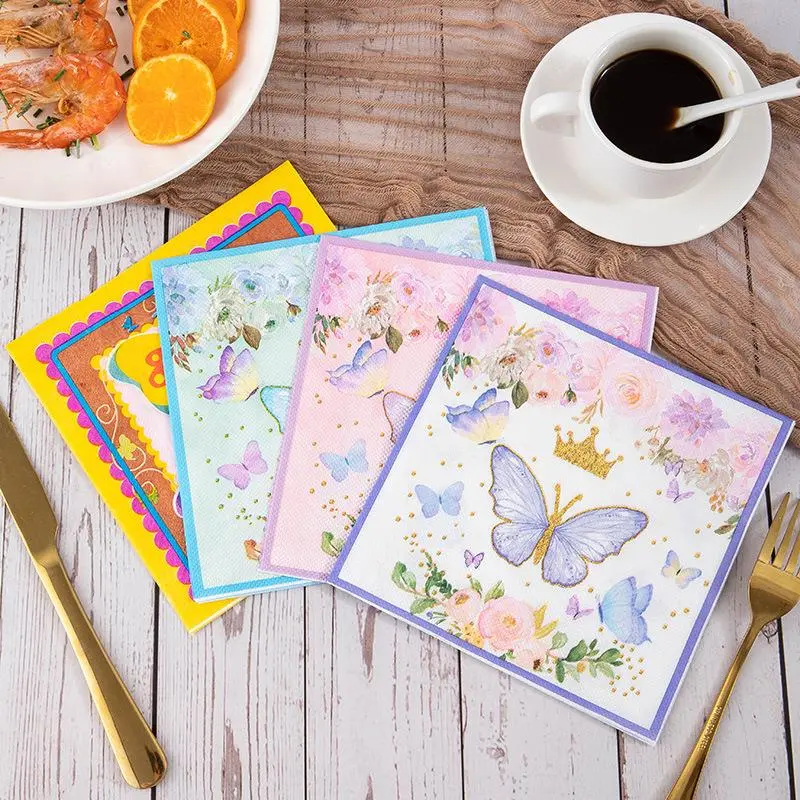 Butterfly & Flower Pattern Birthday Party Napkin, Disposable Tableware for Birthday Party, Party Celebration Disposable Napkin (Each Bag Contains 20 Sheets)