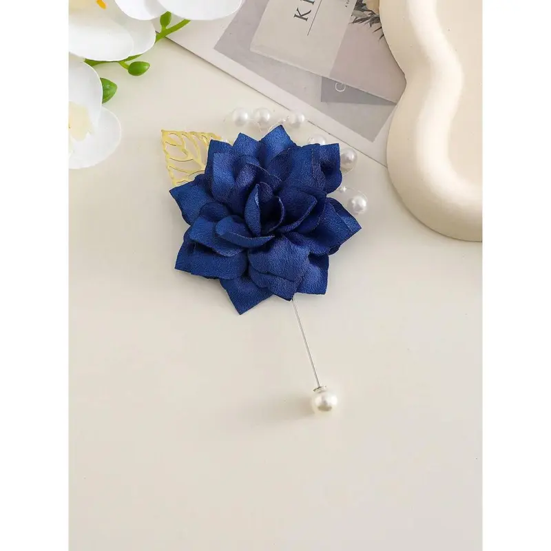 1pc Chest Flower + 1pc Wrist Flower Unisex Set, Navy Blue Camellia With Gold Leaves & Beads Decor, Groom Groomsmen Boutonniere, Bridesmaid Corsage, For Wedding 3