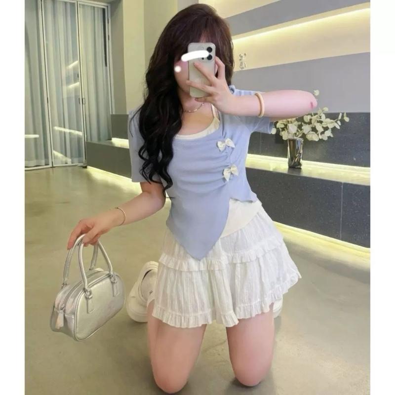 Set Áo Váy Bigsize (CÓ LẺ ÁO, VÁY) Áo Thun Kiểu Cổ Yếm Đính Nơ Bánh Bèo Vải Tăm QC Mềm Mát Mix Váy Ngắn Dễ Thương Cho Nữ Chuppy (55-93Kg)- A278 CV409