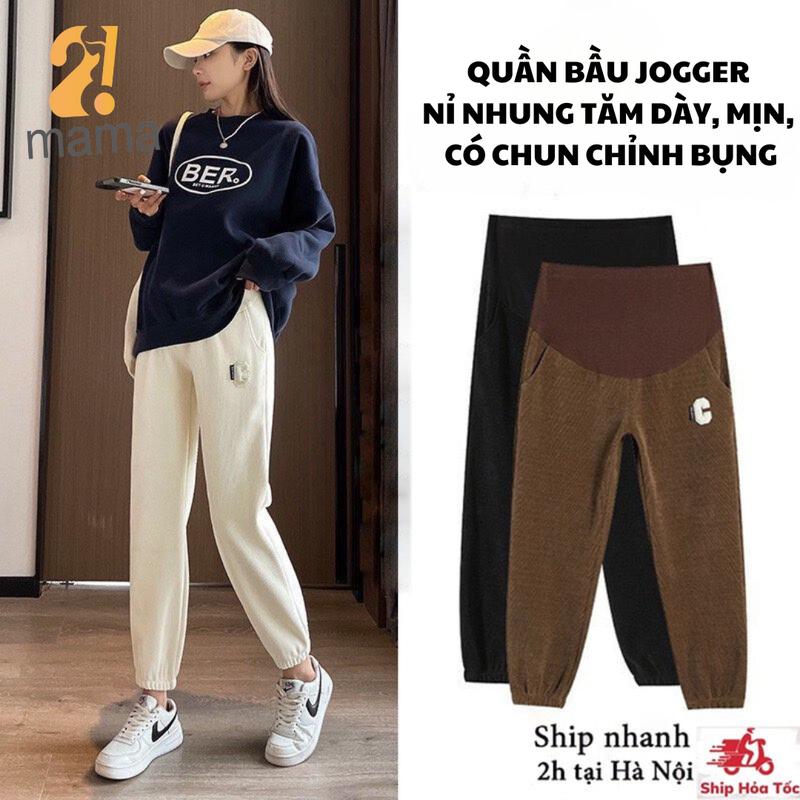 Quần Jogger bầu 2mama mùa đông chất NỈ NHUNG TĂM bo gấu dáng thể thao BIGSIZE