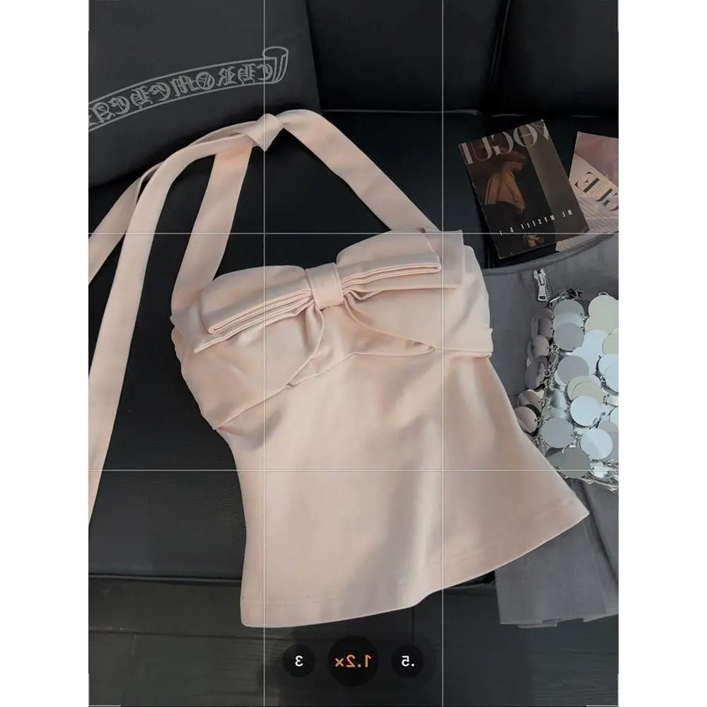 Áo Vest Hai Dây Mảnh Cổ Yếm Màu Hồng Thắt Nơ, Hàng Mới Về Mùa Hè Của Phụ Nữ, Áo Ống Cô Gái Nóng Bỏng, Quần Áo Nữ, 2024