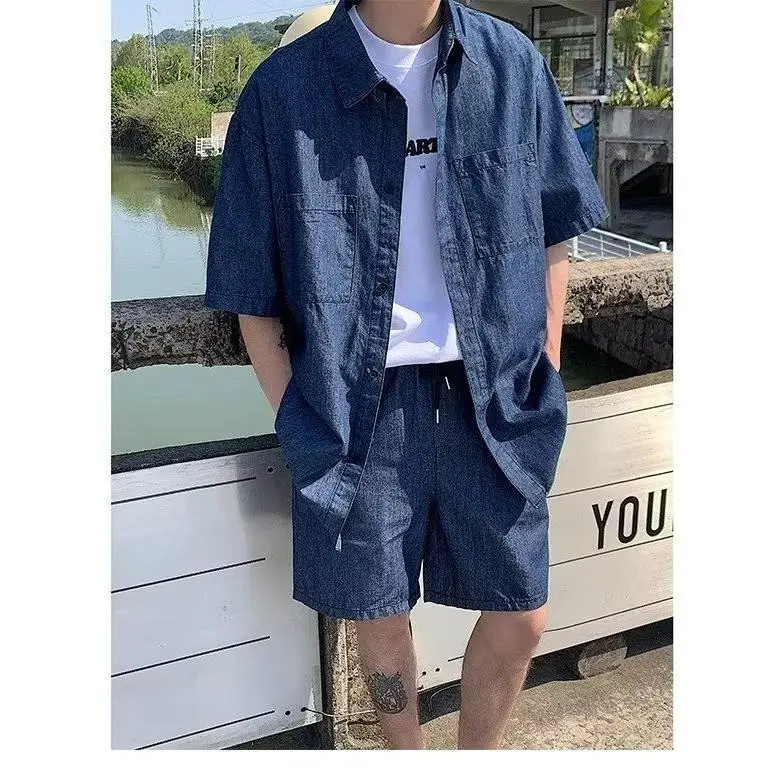 [Denim Set] Summer Thin Men's Stylish Two-Piece Short Sleeve Shirt and Shorts Casual Versatile 1/2 Piece