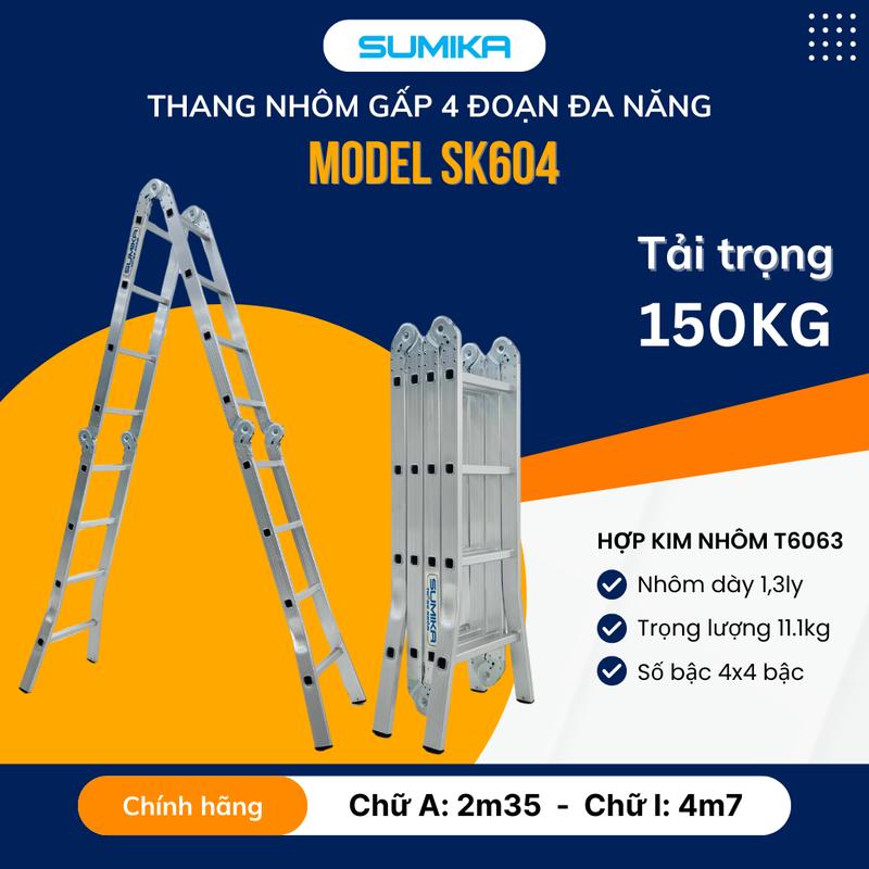 Thang nhôm gấp 4 đoạn SUMIKA SK604, chữ A cao 2.35m, chữ I cao 4.7m, 14 tư thế sử dụng