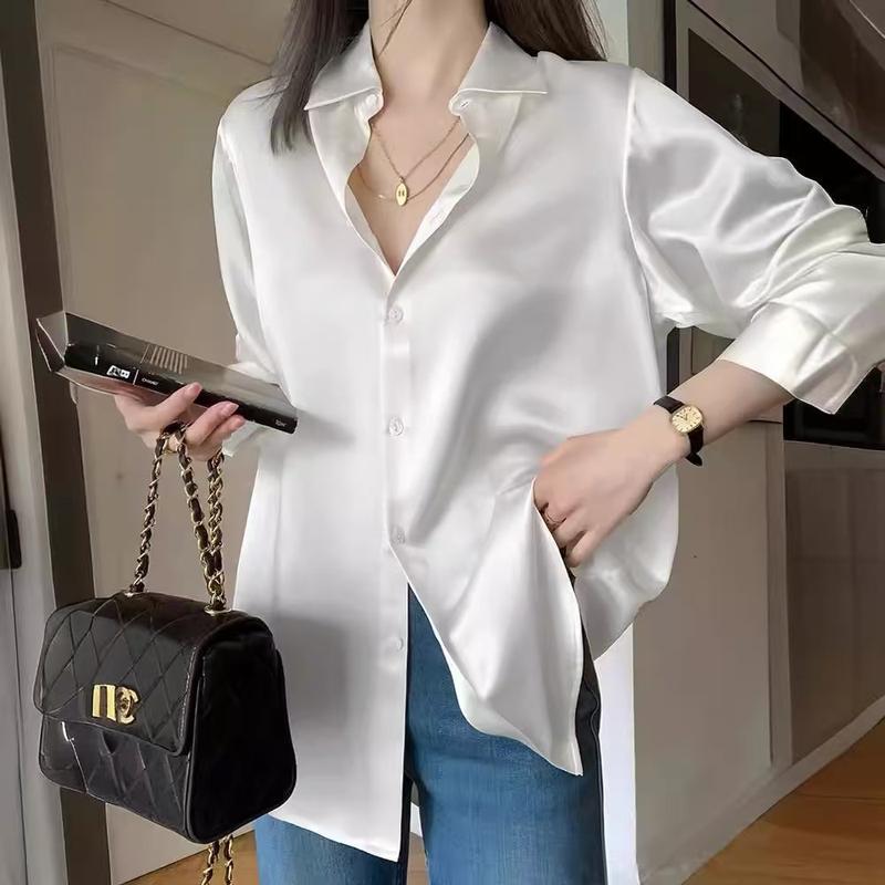 Product Introduction of 【ส่งจากไทย】เสื้อเชิ้ตแขนยาวผู้หญิง คอปกแฟชั่นผู้หญิง ผ้าซาตินสีพื้น office style เรียบๆ ใส่สวย ดูแพง เนื้อผ้าลื่น สัมผัสดี มีหลายสีหลายไซส์ให้เลือก 5