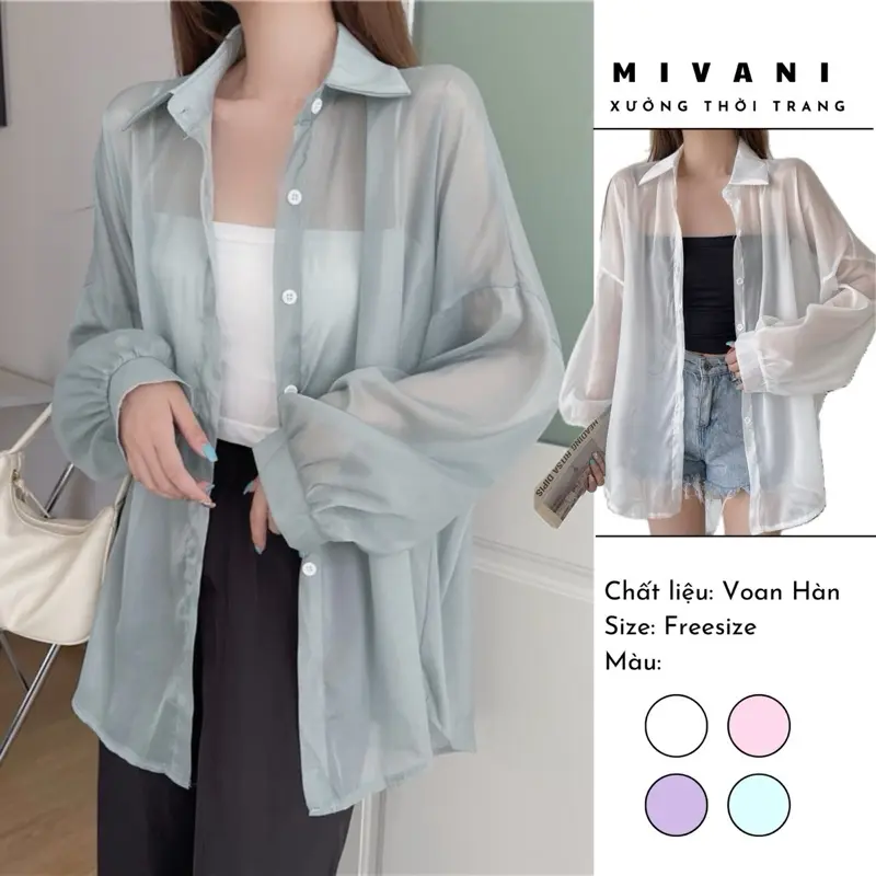 Áo Sơ Mi Nữ Dài Tay Voan Mỏng Khoác Ngoài Đi Biển Oversize Nhiều Màu, Áo Khoác Đi Biển Voan Tơ Giấy Trong Suốt