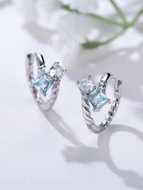 925 Sterling Silver Twisted Design Hoop Earrings, Elegant Square Shaped Artificial Zirconia Decorated Earrings for Women, Trendy All-match & Exquisite Jewelry for Birthday Gift 2