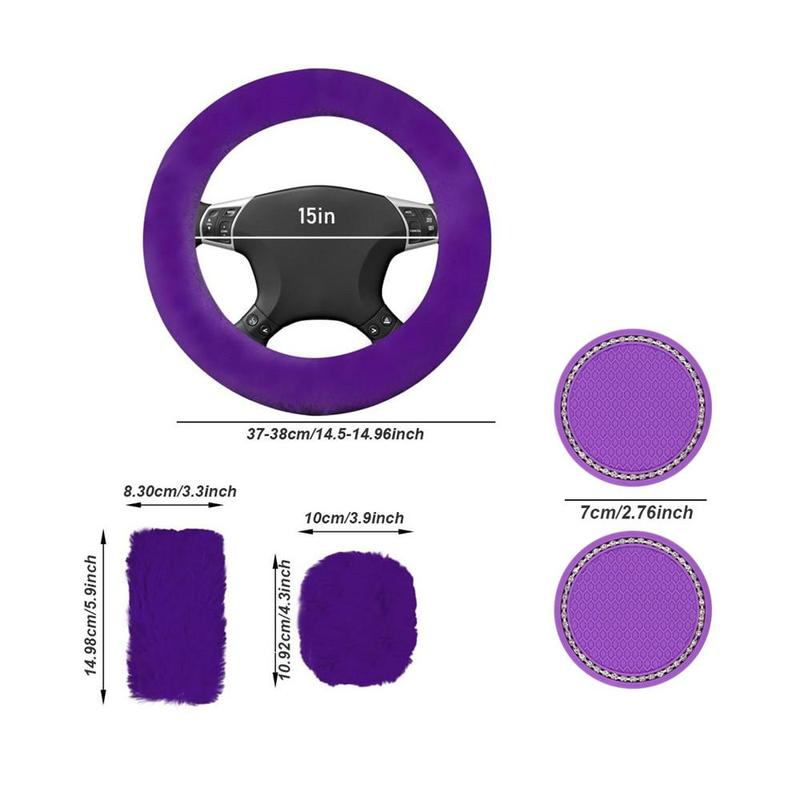 Car Steering Wheel Cover & Gear Shift Protector & Cup Holder Coaster, 5 Counts/set Plush Car Steering Wheel Protector, Universal Car Interior Accessories 5