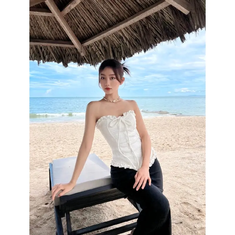 [Size S M] A020 Áo xốp croptop nữ viền bèo lai dây cột cổ 2