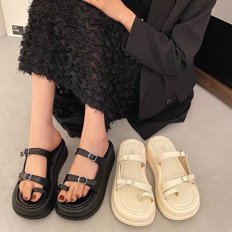 Dép nữ xỏ ngón đế bánh mì quai da khoá mảnh SUNDAY DéP Shoes GiàY Nhung Sandal Jean 1