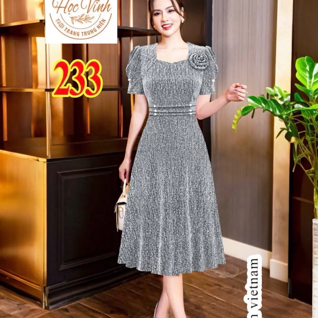 Đầm Trung Niên Nhũ Dệt Kim Đính Đá Cao Cấp M233 - Form Chuẩn, Co Giãn Thoải Mái - Nữ, Women hoa váy