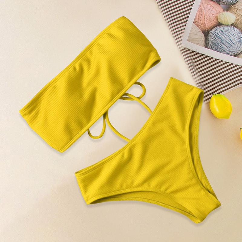 Set Bikini Wanita, Floigeha, 2 Keping / Set, Bra Renang Tanpa Tali Bandeau, Seluar Renang Pinggang Tinggi, Sesuai untuk Pantai, Kolam Renang dan Berenang, Pakaian Renang 1
