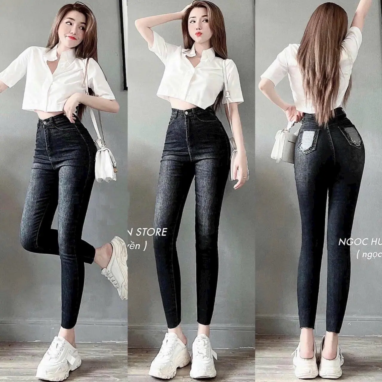 Quần Jean ôm R.Ách Túi Đáy Siêu Cao Co giãn Tốt chất Dày mềm cắt lai Dài 95cm-ITAMI.jean