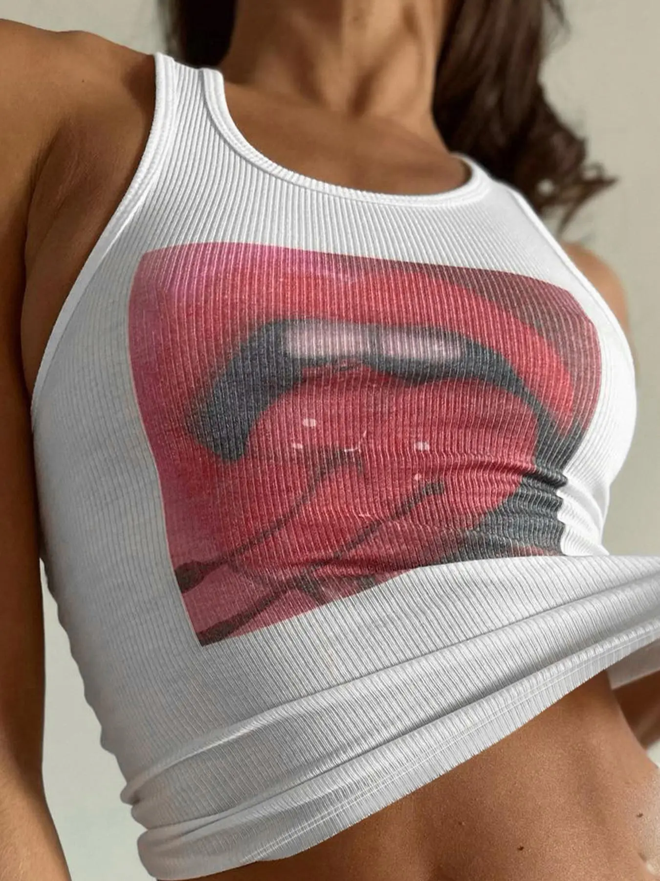 Women's Lip Cherry Print Scoop Neck Ribbed Tank Top, Fashion Casual Sleeveless Top for Daily Outdoor Wear, Ladies Clothes for Summer, Women's Clothing