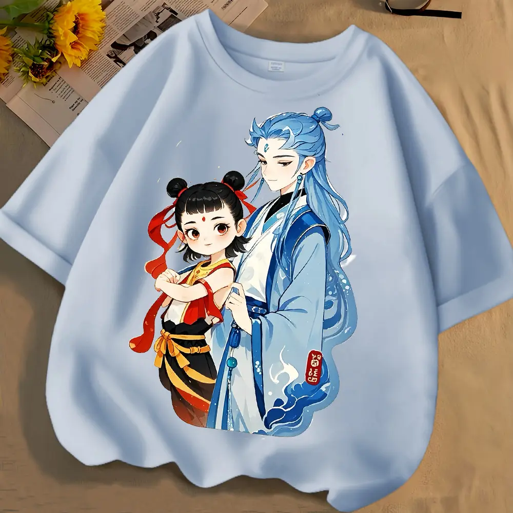 Little Nezha Ao Bing Spring Summer New Style Men Women Medium Large Children Short-Sleeved T-Shirt Pure Round Neck Loose All-Match Top Trendy
