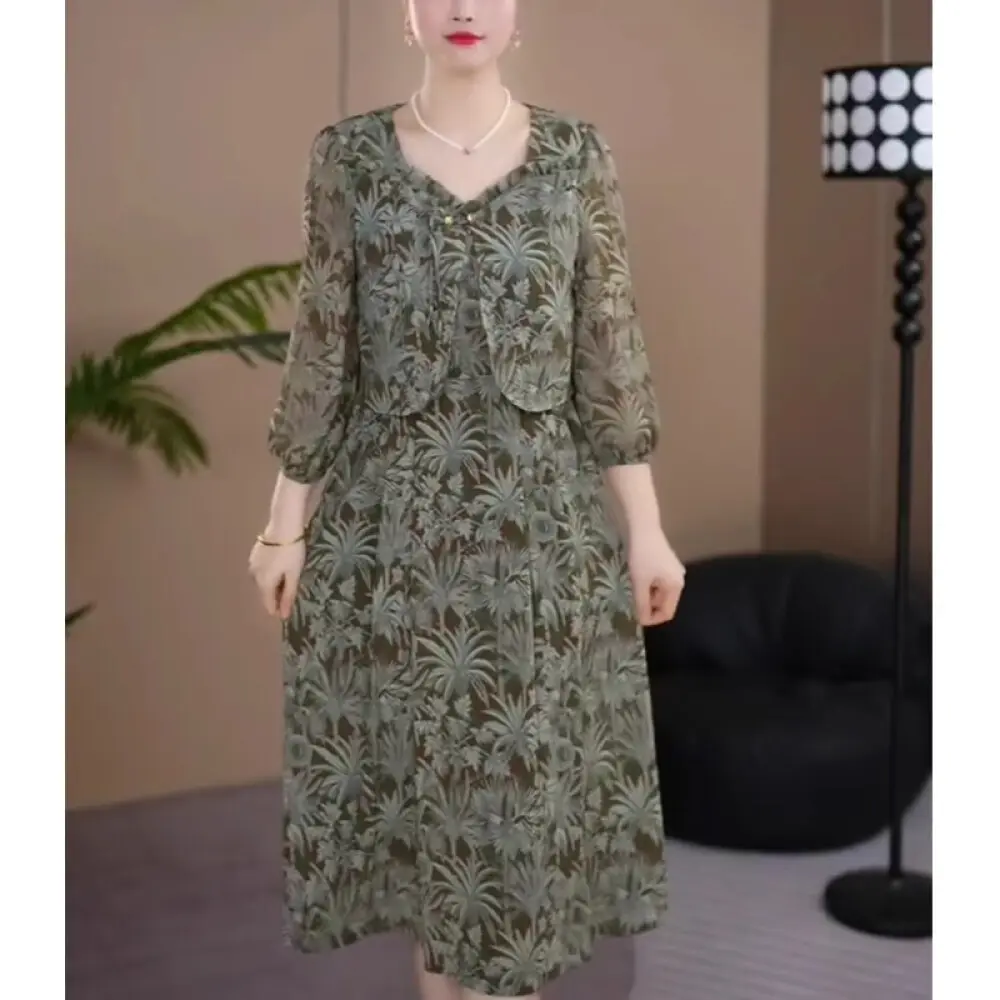 FADFAD Gaun dengan lengan panjang bermotif elegan gaya baru untuk wanita