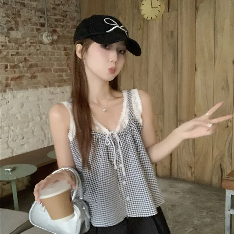 Áo Yếm Kẻ Sọc, Nhỏ Và Dễ Phối Đồ, Phong Cách Duyên Dáng, Khâu Ren, Không Tay, Áo Dáng Rộng, Hàng Mới Về Mùa Hè Cho Nữ 5