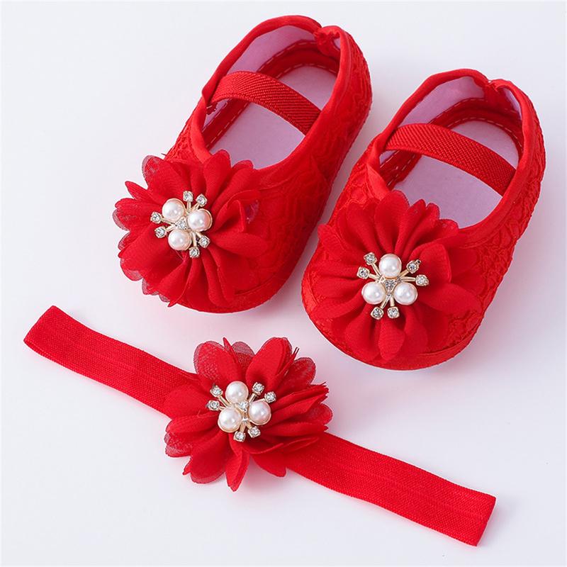 Product Introduction of Baby Girls Flats and Headband Soft Sole Non-slip Pearl Flower Princess Wedding Dress Walking Shoes for Newborn 33