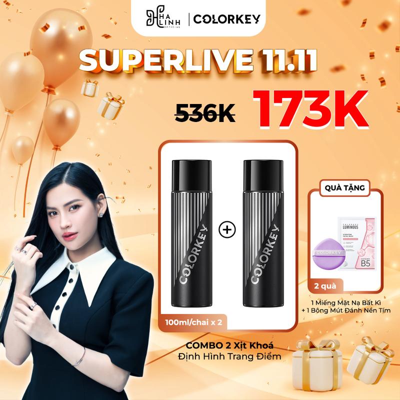 [VHL x COLORKEY] COMBO 2 Xịt Khoá Nền COLORKEY Tặng 1 Mút Đánh Nền Tím + 1 Miếng Mặt Nạ Màu Bất Kì Tia Sương Mềm Mại Giúp Khóa Chặt Lớp Trang Điểm 100ml/chai x2