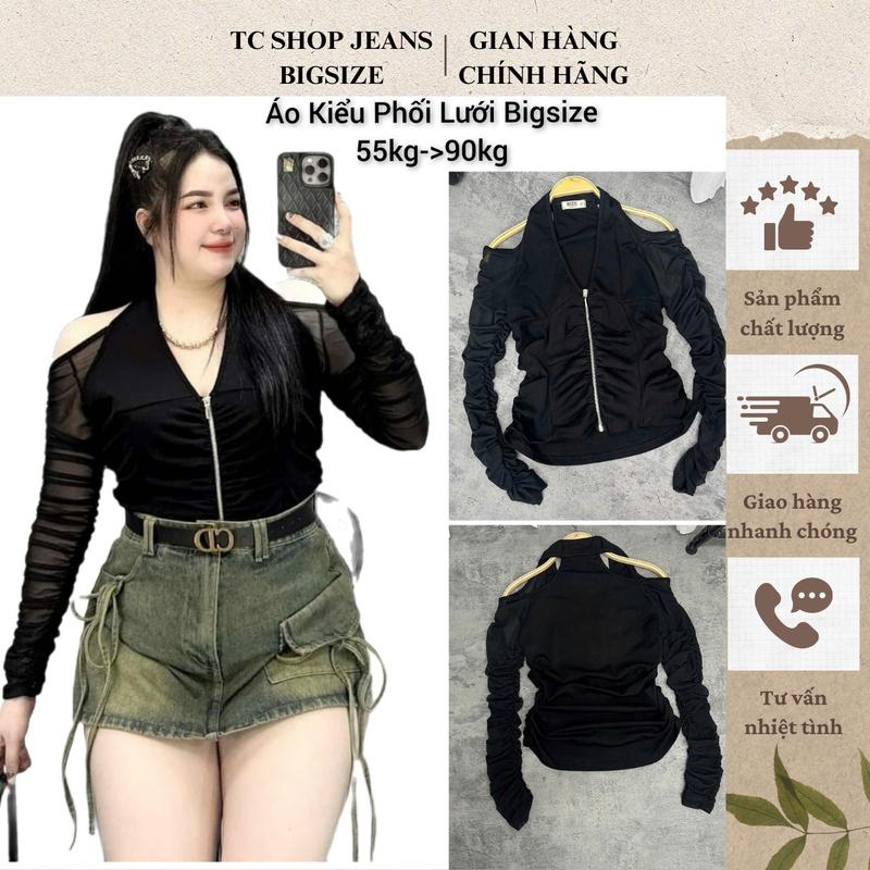 TCSHOPJEANS Áo Thun Lưới Bigsize Nữ Cổ Yếm Tay Dài Dây Kéo FORM VỪA KHÔNG NGẮN mã AT 212