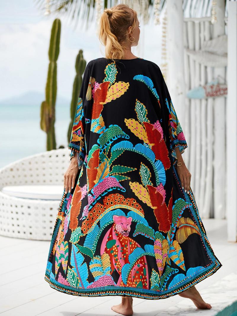 Product Introduction of Women's Boho Plants Print Kimono Sleeve Belted Kimono Coat, Summer Clothes Women, All Over Print Long Sleeve Cover Up for Women, Ladies Clothes for Summer Beach Vacation, Clothing 17