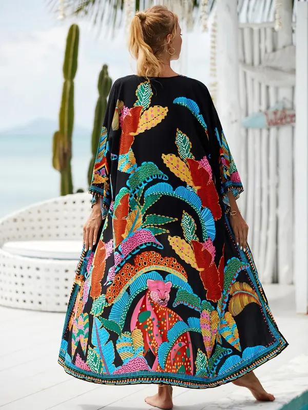 Women's Boho Plants Print Kimono Sleeve Belted Kimono Coat, Summer Clothes Women, All Over Print Long Sleeve Cover Up for Women, Ladies Clothes for Summer Beach Vacation, Clothing 3