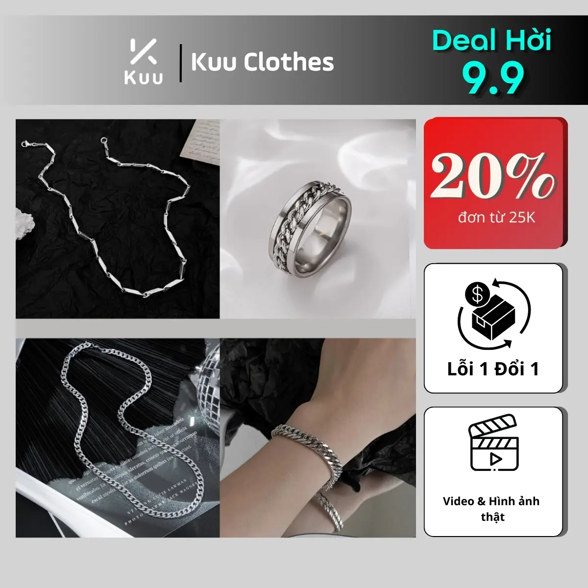 [Mua Là Thích, Không Thích Hoàn Tiền] Bộ 3 sản phẩm basic Nhẫn titan bật bia T.I.N ,Vòng tay T.IN, Vòng cổ Chuỗi trơn vừa titan không gỉ  - KuuClothes