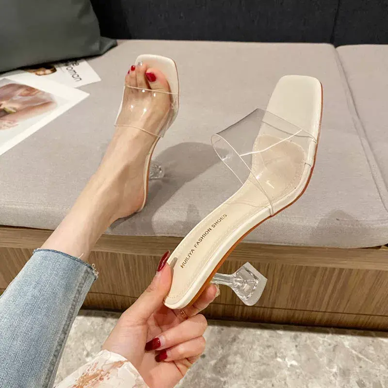 Dép cao gót nữ không quai MICA mũi NGANG đế TRONG cao 7 cm
