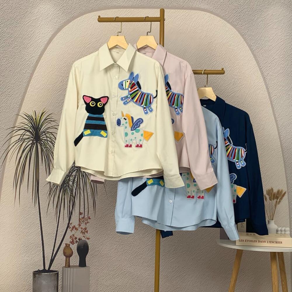 [ready stock]CHICMORE Kemeja Wanita Longgar Lengan Panjang Warna Solid Bordir Motif Lucu