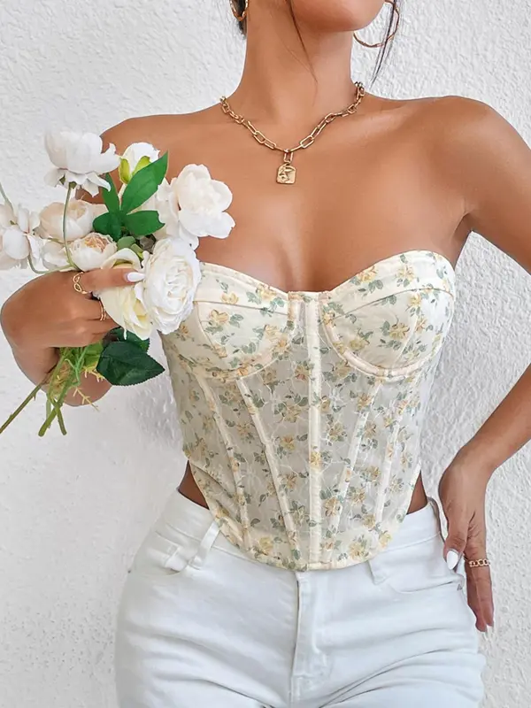 Women's Ditsy Floral Lace Up Criss Cross Backless Crop Tube Top, Summer Clothes Women, Fashionable Hanky Hem Sleeveless Top for Summer, White Tube Top, Summer Tops, Lady's Top for Beach Holiday Vacation, Summer Womenswear 6